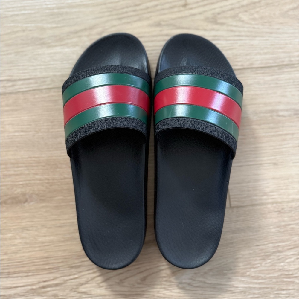 Gucci Black Slides with Red and Green Stripes